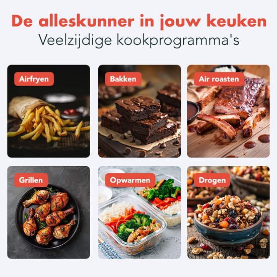 KitchenBrothers Airfryer XL - 5L - 1500W - Friteuse à air chaud - 60ºC à 200ºC - Petit design - Extra silencieux - 6 Programmes de cuisson - Noir