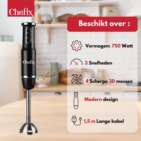 Chefix Hand Blender Set 4-in-1 - Mixeur plongeant - Hachoir Fouet Batteur Tasse à mesurer - 750 W - Noir