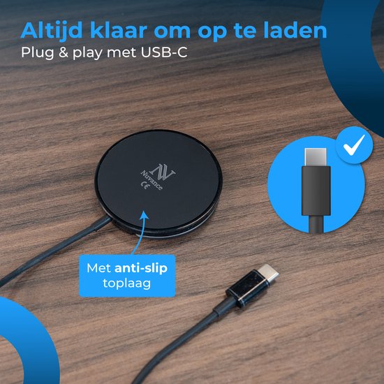 Nuvance Wireless Charger - Chargeur rapide 15W - Convient à Magsafe - Chargeur sans fil - Câble Usb-C inclus - Noir