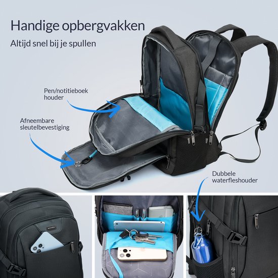 NOHRD Laptop Backpack - Black - Anti Theft - Laptop Bag 15.6 inch - USB Charging Station - Backpack Ladies & Men - Water Repellent - Schoolbag Girl & Boys - Bookbag with Laptop compartment