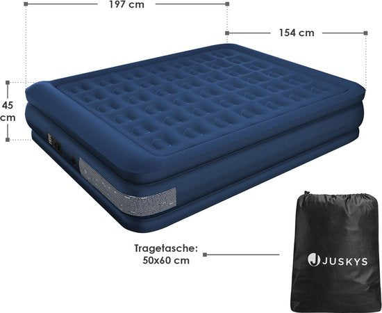 Juskys Lit à air autogonflant Sapri L - Bleu - 197 x 154 x 45 cm - Sac de rangement inclus