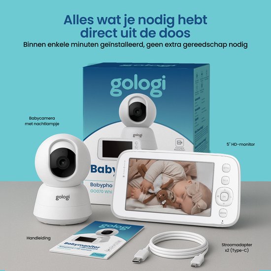 Gologi Baby Monitor avec caméra - Baby Monitor - Baby Camera - Télécommandé via l'application et l'écran - Blanc