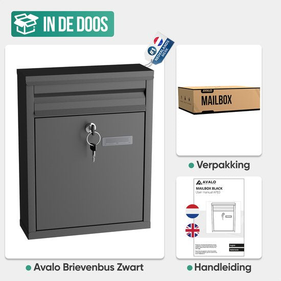 Boîte aux lettres Avalo en acier inoxydable noir - Boîte aux lettres murale - avec matériel de montage et 2 clés