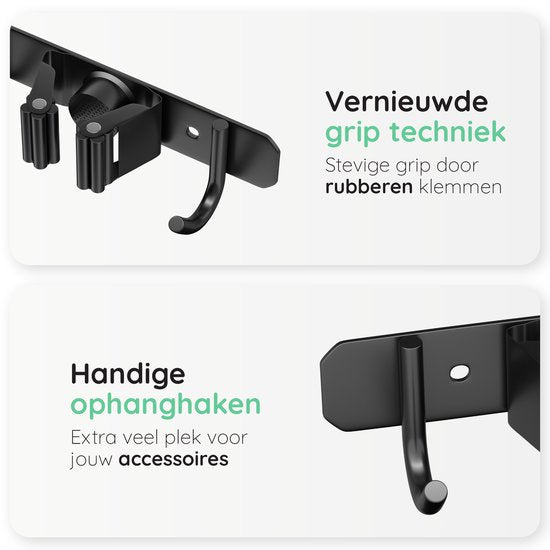 Porte balai Volcan - Système de suspension pour balai Outils de jardin - Porte-outils - Ruban adhésif 3M - 7 porte-balais 8 crochets - Acier inoxydable noir
