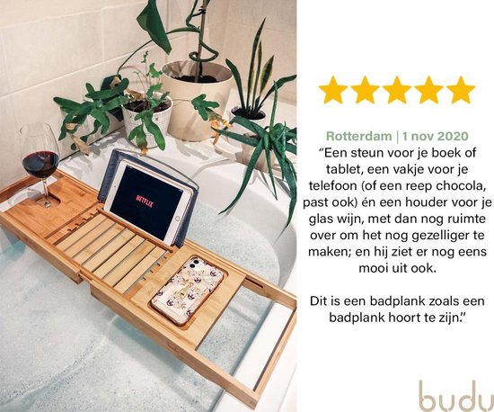 Budu Bath Board Bamboo - Planche de bain - Support de bain réglable - Planche de bain en bois - Support de bain - Planche de bain en bois - 70-105 cm