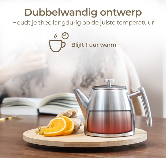 Vaja® Théière Camille Silver - Double paroi - 1 litre - Théière en acier inoxydable avec filtre et chauffe-plat