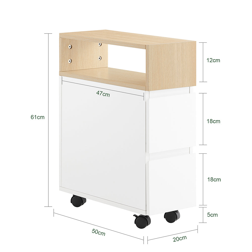 SoBuy FBT155-WN Table de chevet à roulettes 50x20x61 cm Blanc/Bois avec 1 compartiment ouvert et 2 tiroirs