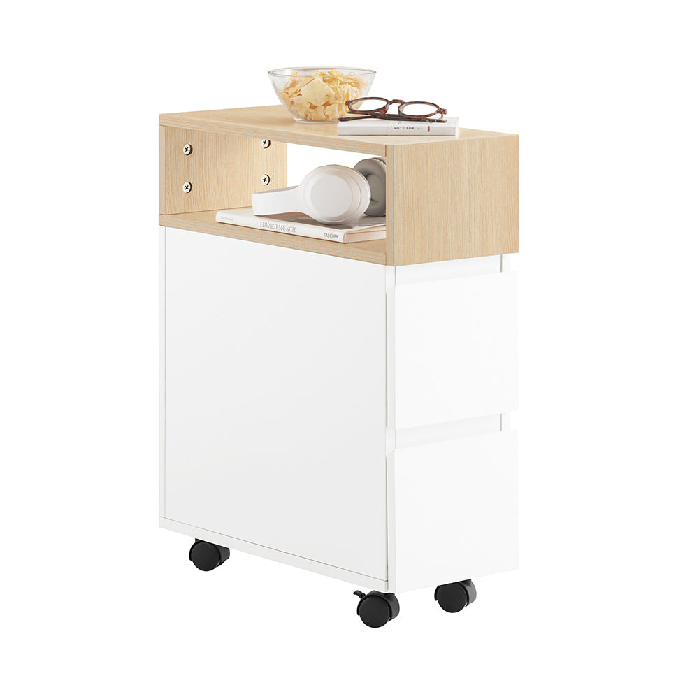 SoBuy FBT155-WN Table de chevet à roulettes 50x20x61 cm Blanc/Bois avec 1 compartiment ouvert et 2 tiroirs