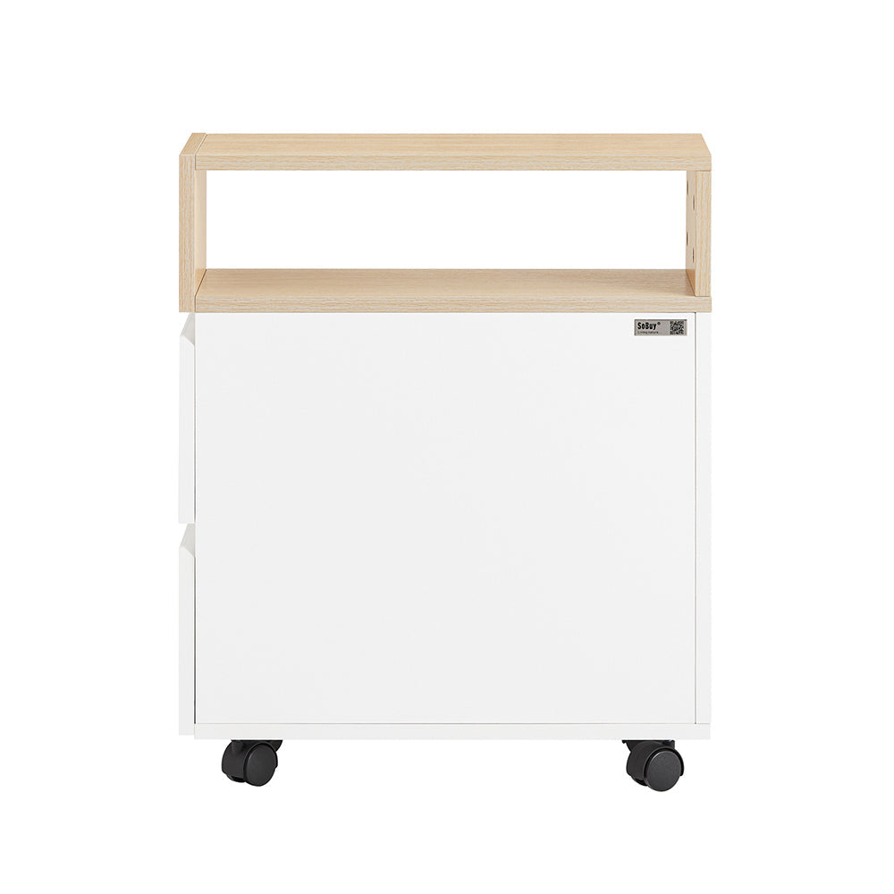 SoBuy FBT155-WN Table de chevet à roulettes 50x20x61 cm Blanc/Bois avec 1 compartiment ouvert et 2 tiroirs