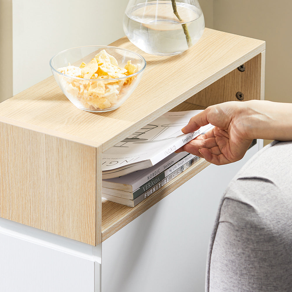 SoBuy FBT155-WN Table de chevet à roulettes 50x20x61 cm Blanc/Bois avec 1 compartiment ouvert et 2 tiroirs