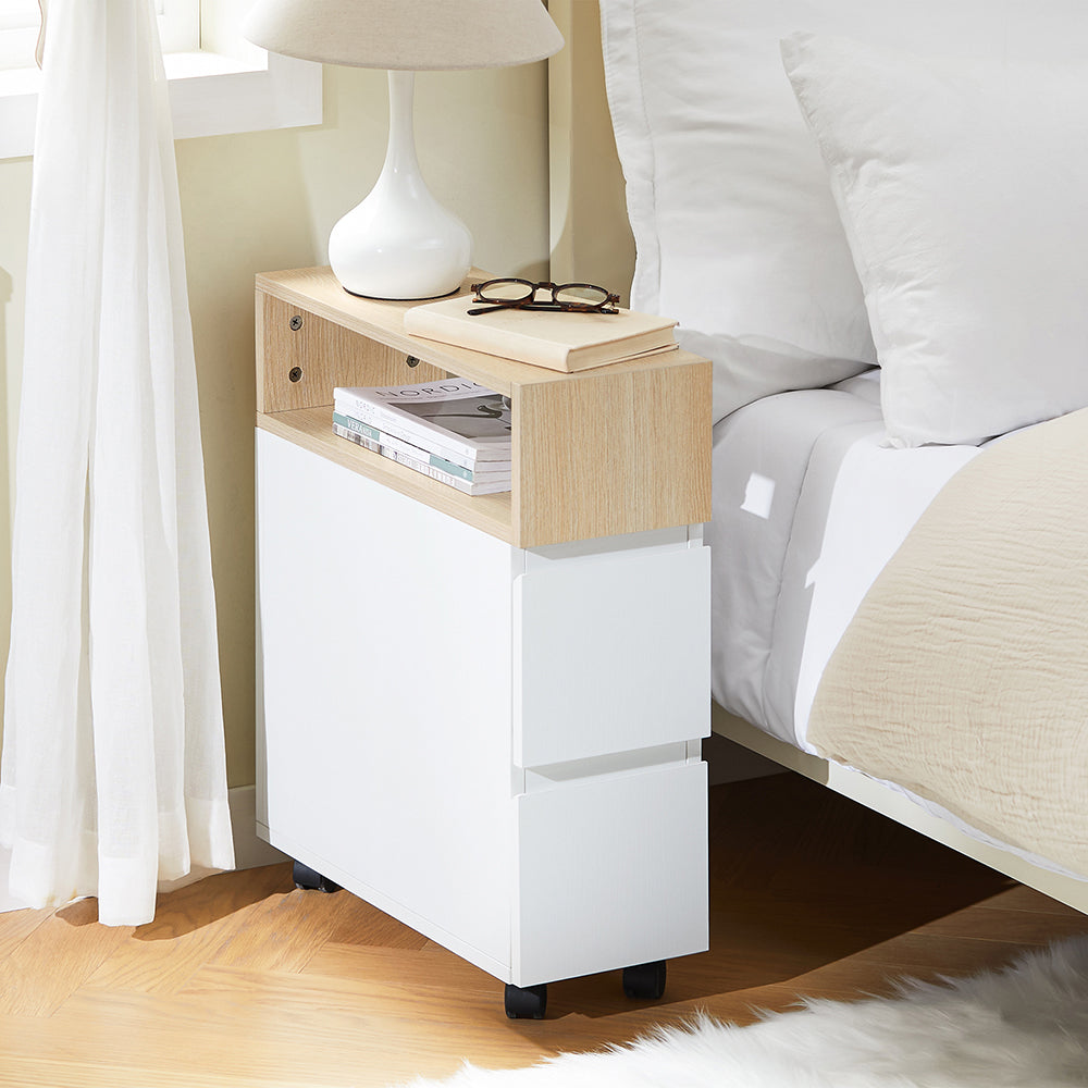 SoBuy FBT155-WN Table de chevet à roulettes 50x20x61 cm Blanc/Bois avec 1 compartiment ouvert et 2 tiroirs