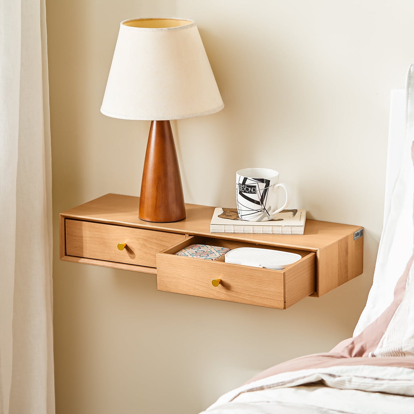 sobuy - Étagère murale flottante avec 2 tiroirs - 60×20×10 cm - Couleur bois naturel