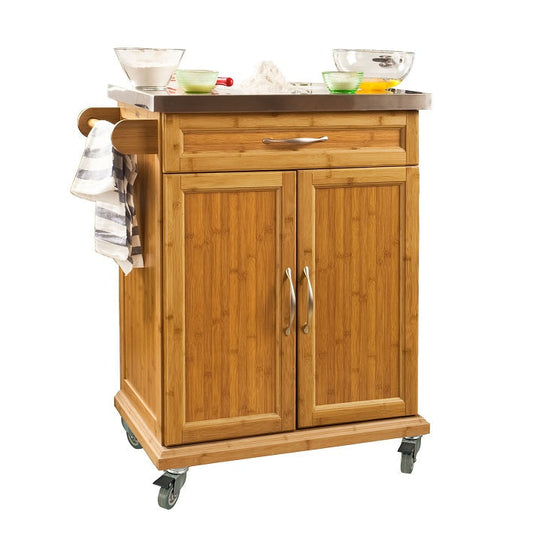 SoBuy Chariot de cuisine FKW13-N - Bambou avec plateau en acier inoxydable - 66x90x46 cm - Naturel