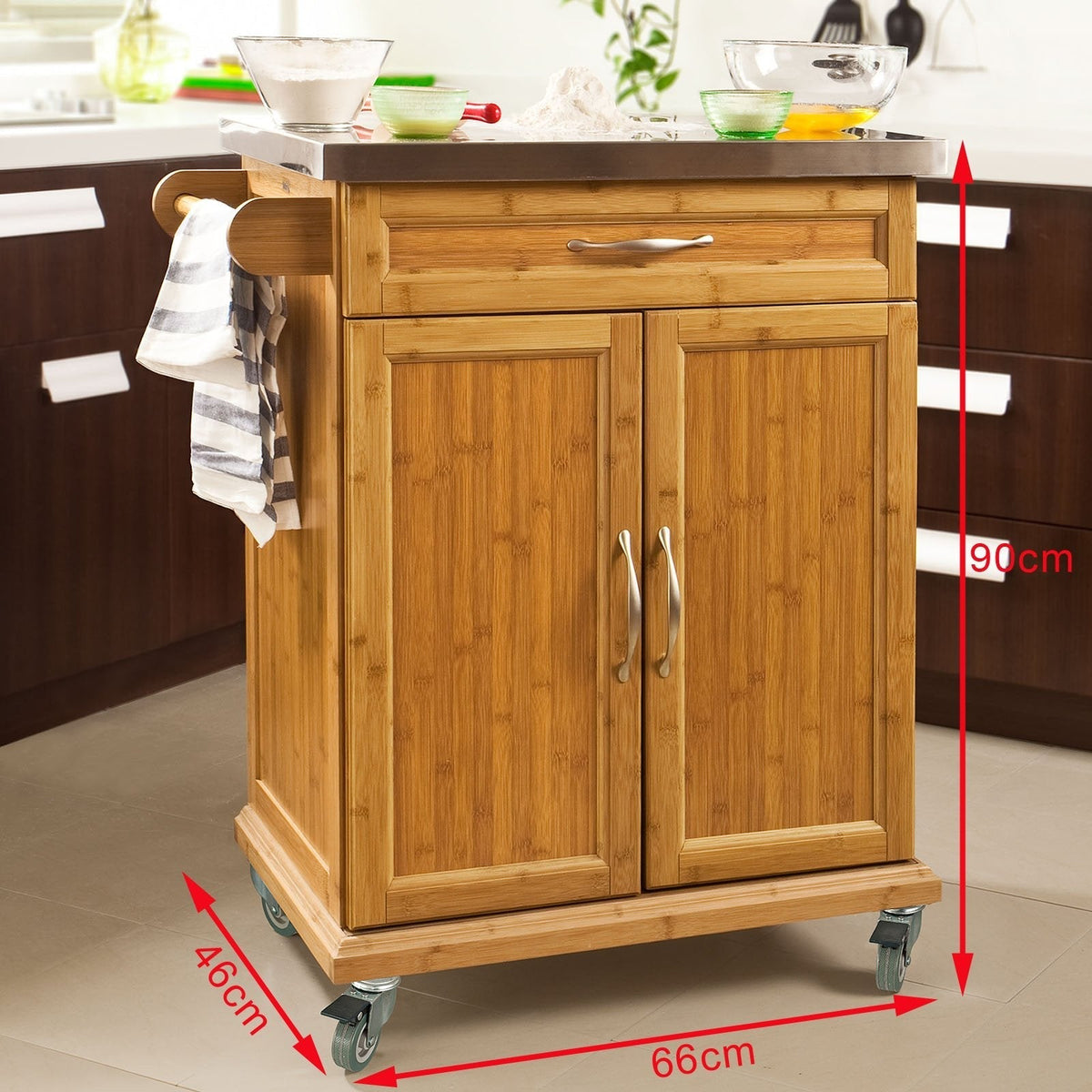 SoBuy Chariot de cuisine FKW13-N - Bambou avec plateau en acier inoxydable - 66x90x46 cm - Naturel