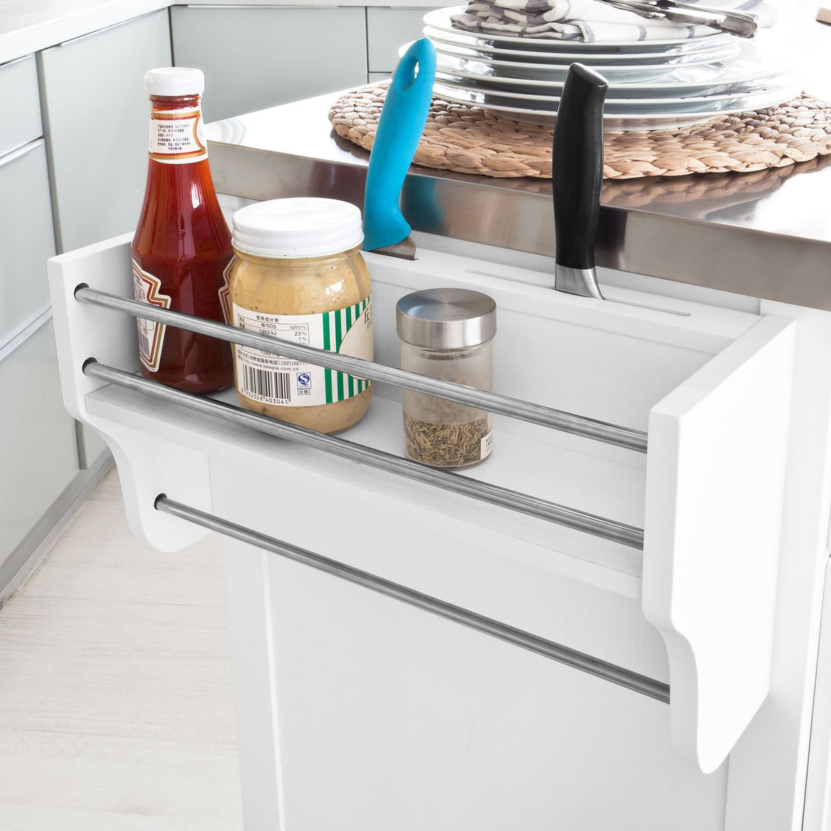 SoBuy FKW33-W Armoire de cuisine mobile Chariot de cuisine - Blanc - 107x95x48.5 cm - Plan de travail en acier inoxydable