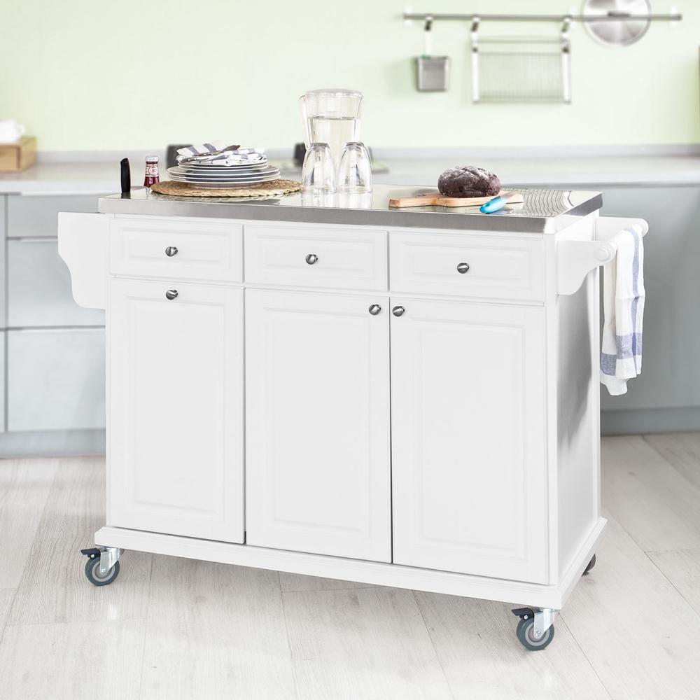 SoBuy FKW33-W Armoire de cuisine mobile Chariot de cuisine - Blanc - 107x95x48.5 cm - Plan de travail en acier inoxydable