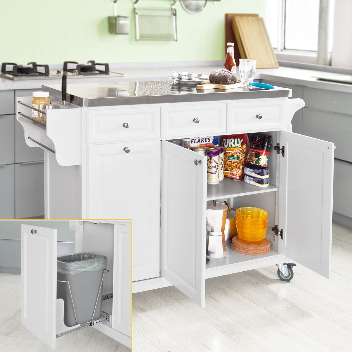 SoBuy FKW33-W Armoire de cuisine mobile Chariot de cuisine - Blanc - 107x95x48.5 cm - Plan de travail en acier inoxydable