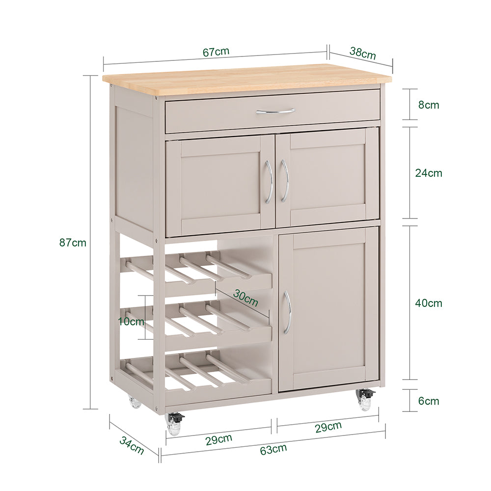 SoBuy FKW45-KA Chariot de cuisine à roulettes - Gris clair - 67x38x87 cm - Avec tiroir, portes et porte-bouteille