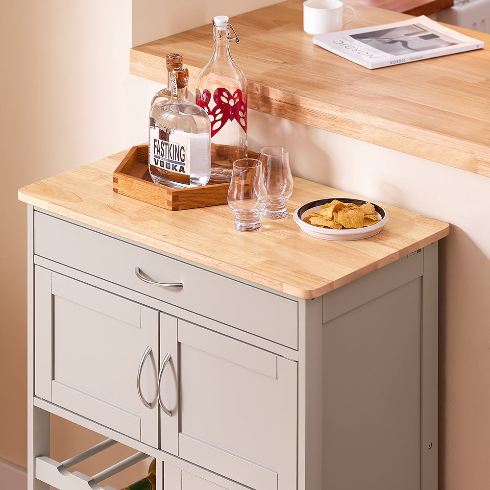 SoBuy FKW45-KA Chariot de cuisine à roulettes - Gris clair - 67x38x87 cm - Avec tiroir, portes et porte-bouteille