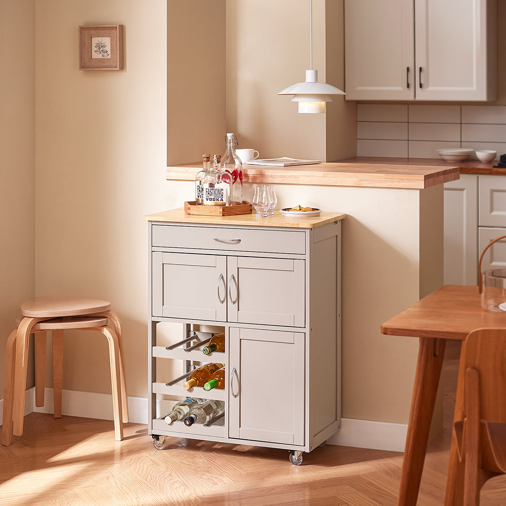 SoBuy FKW45-KA Chariot de cuisine à roulettes - Gris clair - 67x38x87 cm - Avec tiroir, portes et porte-bouteille