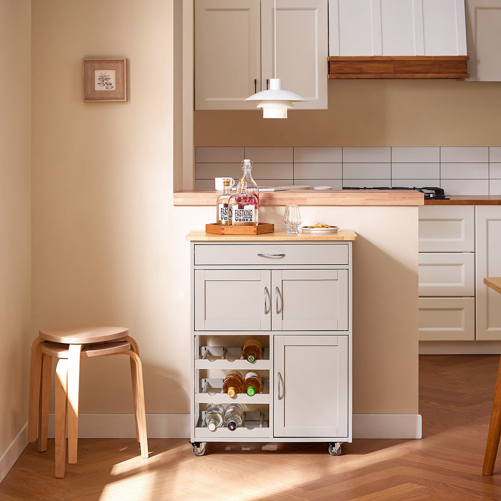 SoBuy FKW45-KA Chariot de cuisine à roulettes - Gris clair - 67x38x87 cm - Avec tiroir, portes et porte-bouteille