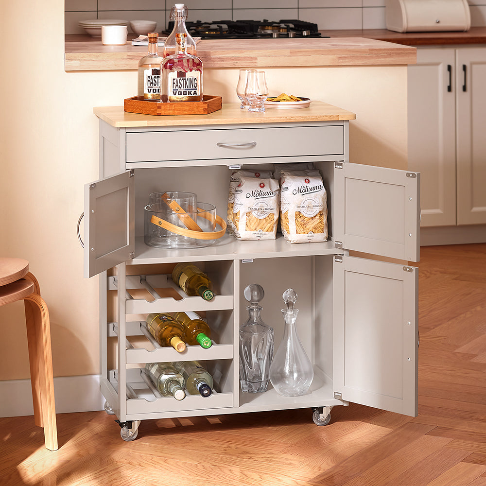 SoBuy FKW45-KA Chariot de cuisine à roulettes - Gris clair - 67x38x87 cm - Avec tiroir, portes et porte-bouteille
