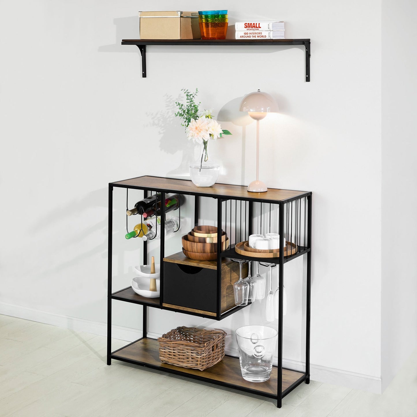 SoBuy FSB56-F Table console - 100x33x95 cm - Vintage Brown/Black - Table d'appoint avec tiroir, 3 étagères de rangement et porte-bouteille