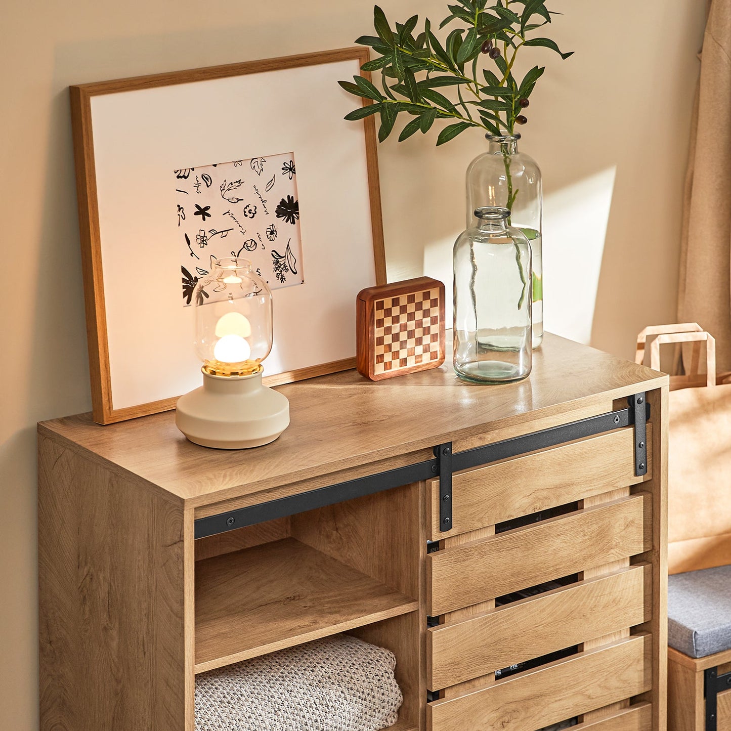 SoBuy FSB65-N Buffet / Meuble à chaussures avec porte coulissante - 80x35x89 cm - Chêne - Design industriel