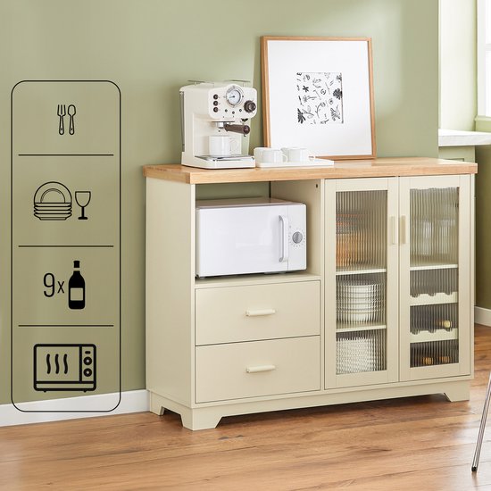 SoBuy - Buffet à tiroirs - 120 x 40 x 90 cm & avec portes en verre - équipé d'étagères intérieures et d'un porte-bouteilles - pour la cuisine, le salon ou l'entrée - Mdf laqué beige