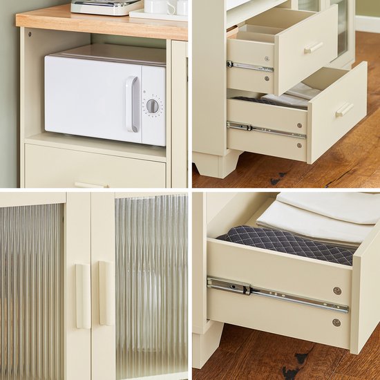 SoBuy - Buffet à tiroirs - 120 x 40 x 90 cm & avec portes en verre - équipé d'étagères intérieures et d'un porte-bouteilles - pour la cuisine, le salon ou l'entrée - Mdf laqué beige