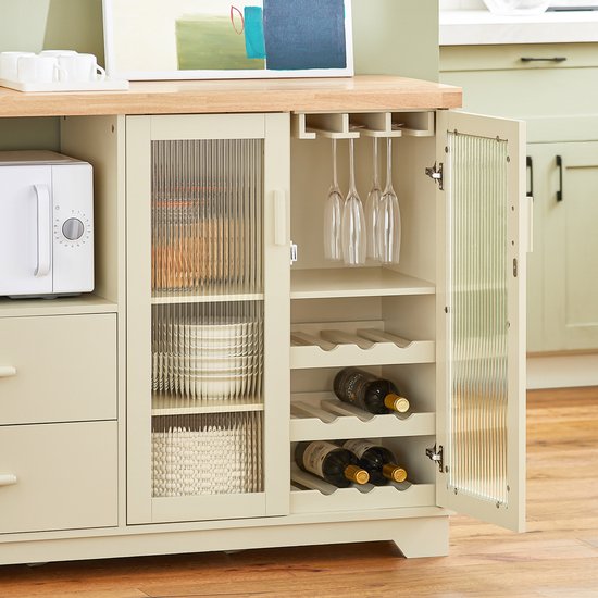 SoBuy - Buffet à tiroirs - 120 x 40 x 90 cm & avec portes en verre - équipé d'étagères intérieures et d'un porte-bouteilles - pour la cuisine, le salon ou l'entrée - Mdf laqué beige