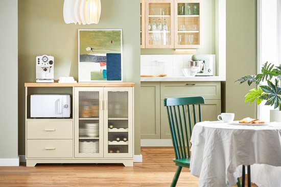 SoBuy - Buffet à tiroirs - 120 x 40 x 90 cm & avec portes en verre - équipé d'étagères intérieures et d'un porte-bouteilles - pour la cuisine, le salon ou l'entrée - Mdf laqué beige