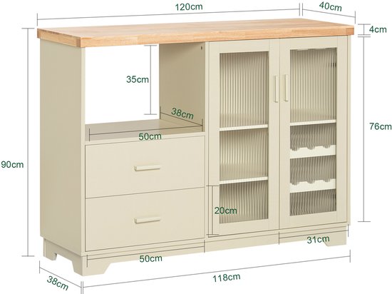 SoBuy - Buffet à tiroirs - 120 x 40 x 90 cm & avec portes en verre - équipé d'étagères intérieures et d'un porte-bouteilles - pour la cuisine, le salon ou l'entrée - Mdf laqué beige