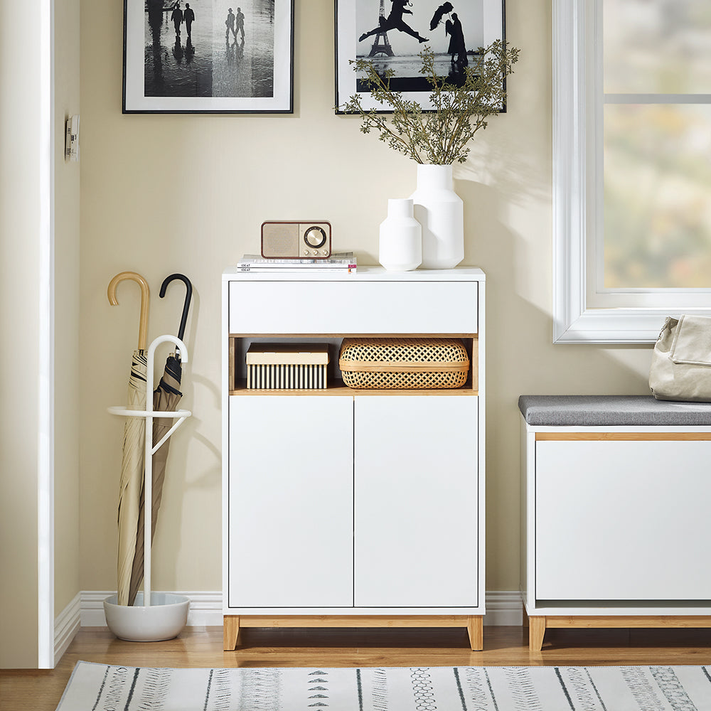 SoBuy FSB97-WN Meuble de rangement multifonctionnel gris 60x34x85cm avec tiroirs, étagères réglables et double portes