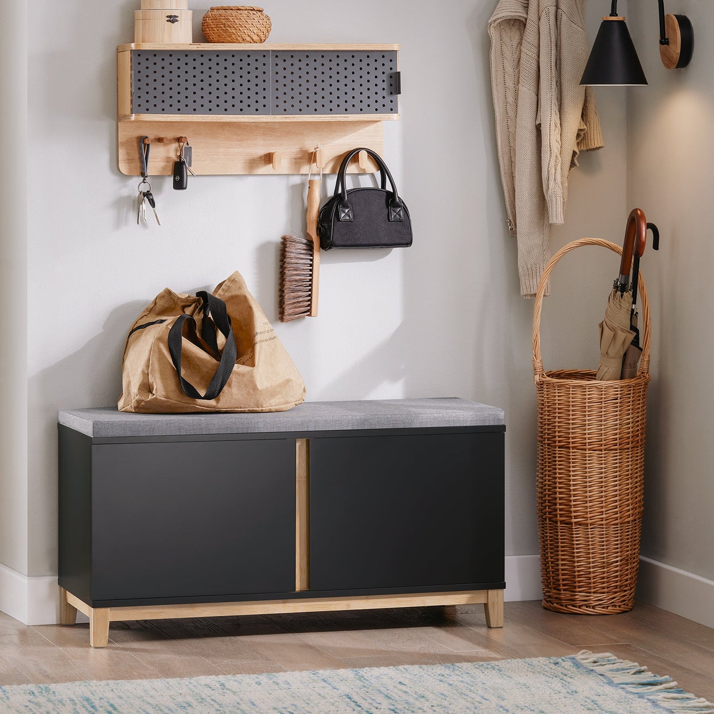 SoBuy FSR117-SCH Banc à chaussures - Banc de rangement noir avec 2 portes