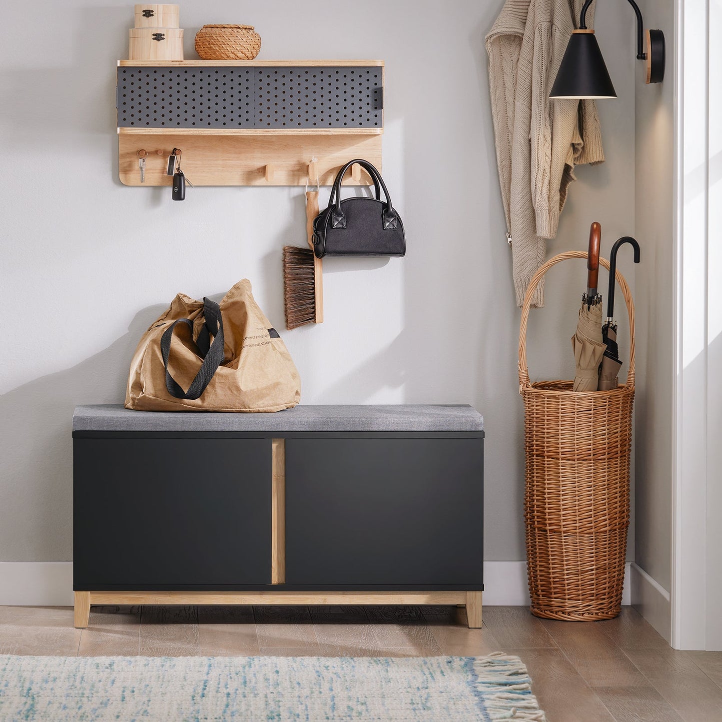 SoBuy FSR117-SCH Banc à chaussures - Banc de rangement noir avec 2 portes