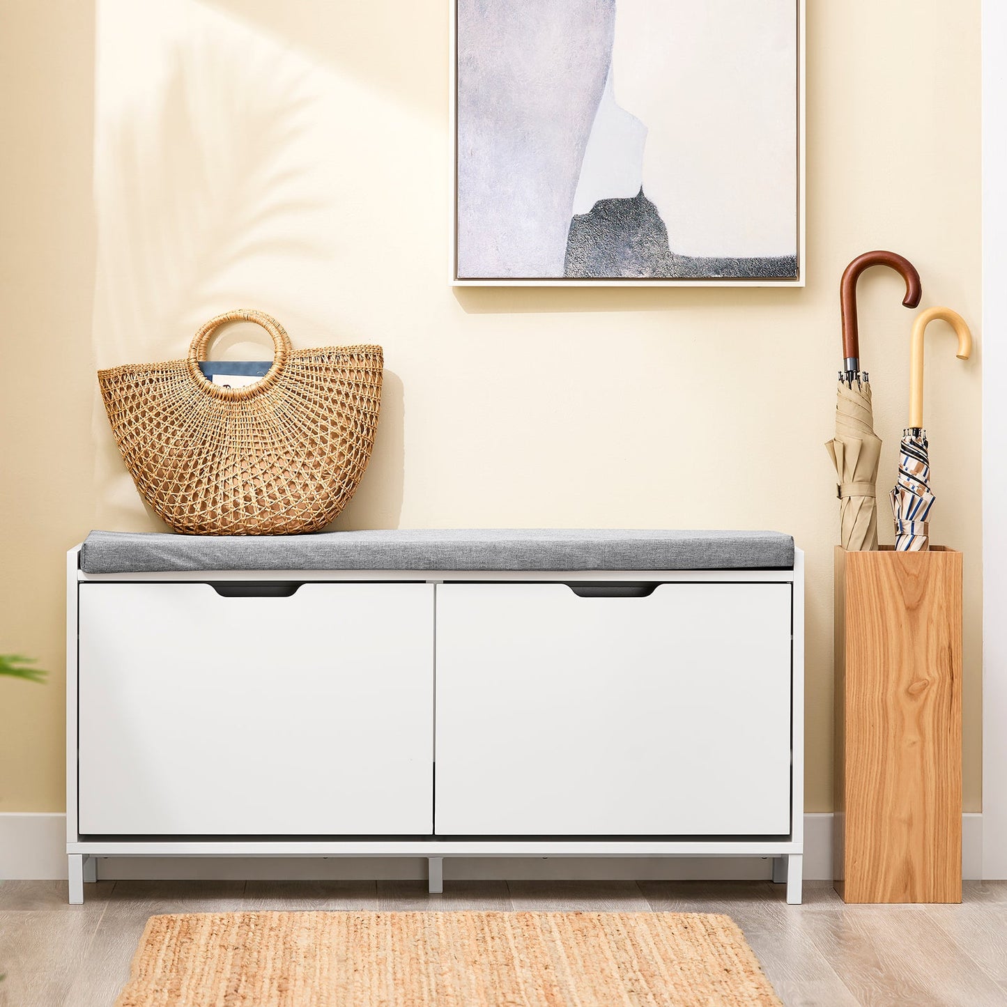 sobuy meuble à chaussures banc à chaussures FSR151-L-W - 105 x 24 x 52 cm - blanc avec coussin gris