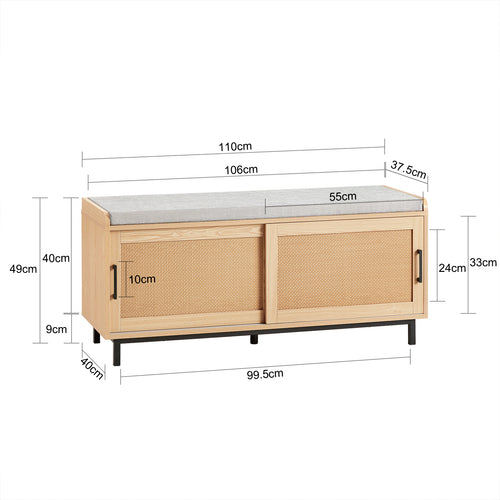 SoBuy Meuble à chaussures avec siège rembourré - 2 portes coulissantes - Max. 225 kg - 110 x 40 x 49 cm - Naturel/gris