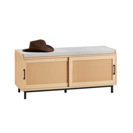 SoBuy Meuble à chaussures avec siège rembourré - 2 portes coulissantes - Max. 225 kg - 110 x 40 x 49 cm - Naturel/gris