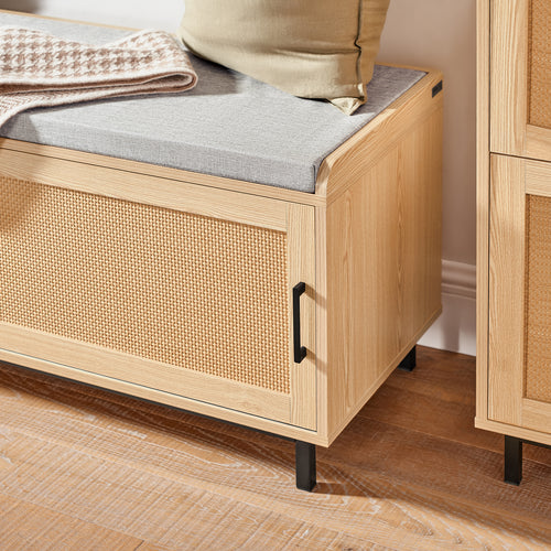 SoBuy Meuble à chaussures avec siège rembourré - 2 portes coulissantes - Max. 225 kg - 110 x 40 x 49 cm - Naturel/gris