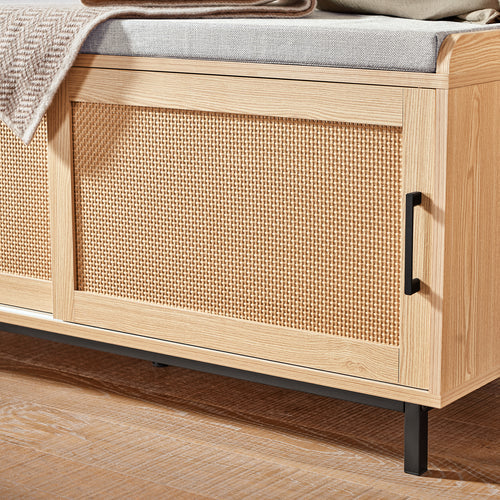 SoBuy Meuble à chaussures avec siège rembourré - 2 portes coulissantes - Max. 225 kg - 110 x 40 x 49 cm - Naturel/gris