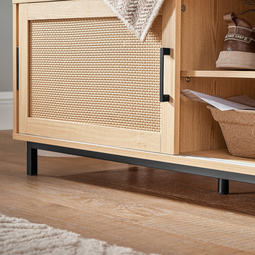 SoBuy Meuble à chaussures avec siège rembourré - 2 portes coulissantes - Max. 225 kg - 110 x 40 x 49 cm - Naturel/gris