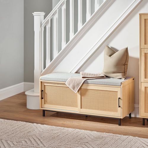 SoBuy Meuble à chaussures avec siège rembourré - 2 portes coulissantes - Max. 225 kg - 110 x 40 x 49 cm - Naturel/gris