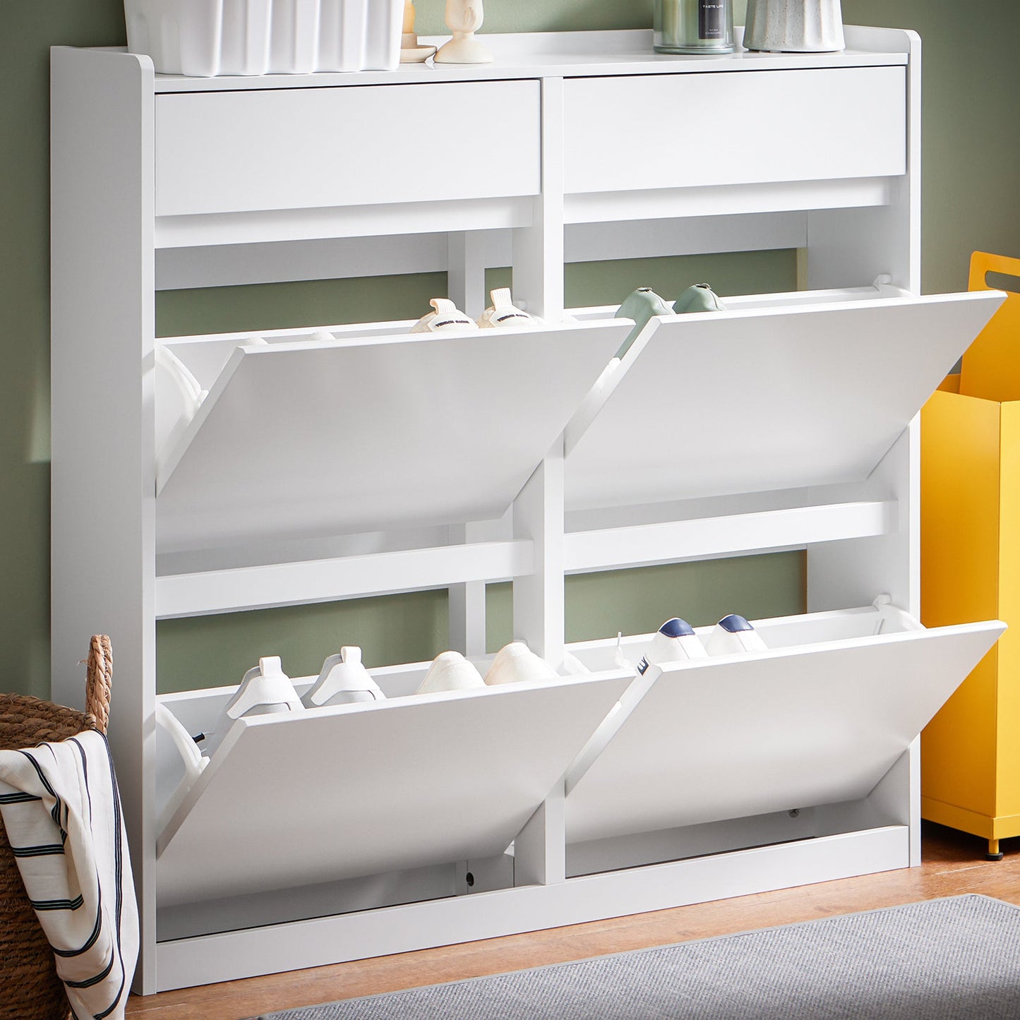 SoBuy Armoire à chaussures - FSR169-W - 4 volets inclus - 98 x 95 x 19 cm - Blanc