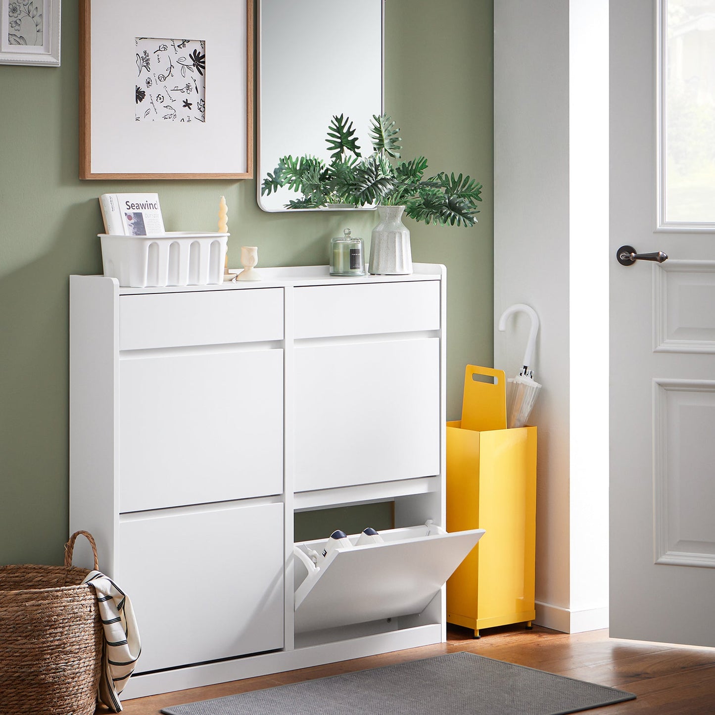 SoBuy Armoire à chaussures - FSR169-W - 4 volets inclus - 98 x 95 x 19 cm - Blanc