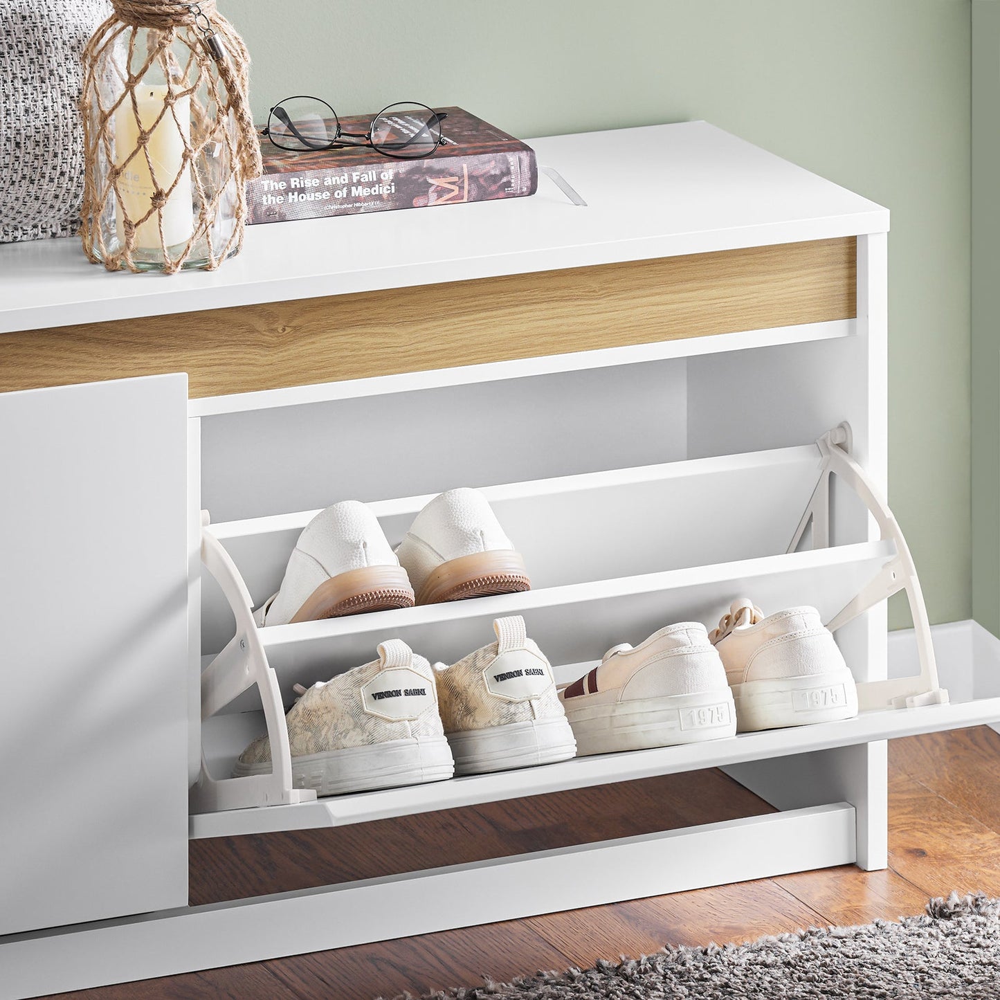 SoBuy Meuble à chaussures avec banc - blanc - 104x30x47 cm - 2 tiroirs - design moderne