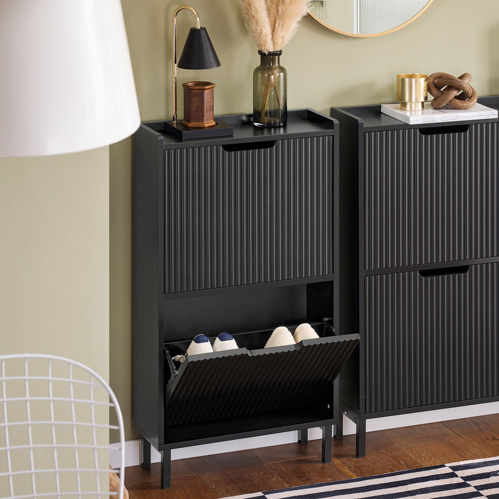 SoBuy FSR177-SCH Meuble à chaussures avec 2 abattants Meuble à chaussures étroit avec 4 étagères Meuble à chaussures noir