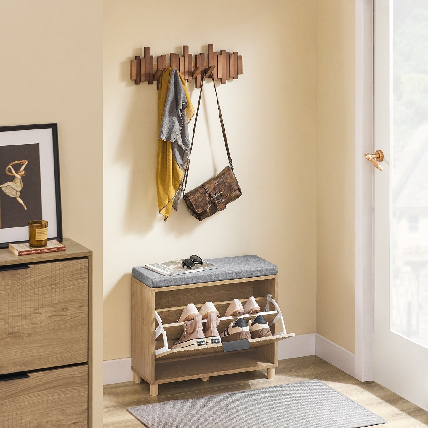 SoBuy FSR199-N Banc à chaussures avec rangement et coussin rembourré, gris et bois clair, 60 x 24 x 50 cm