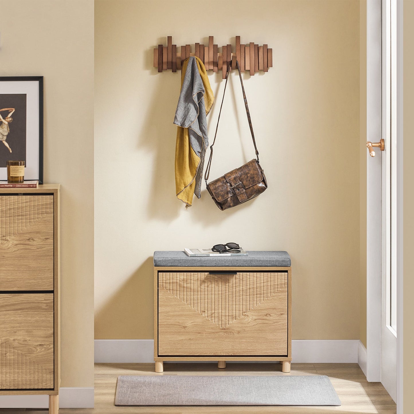 SoBuy FSR199-N Banc à chaussures avec rangement et coussin rembourré, gris et bois clair, 60 x 24 x 50 cm
