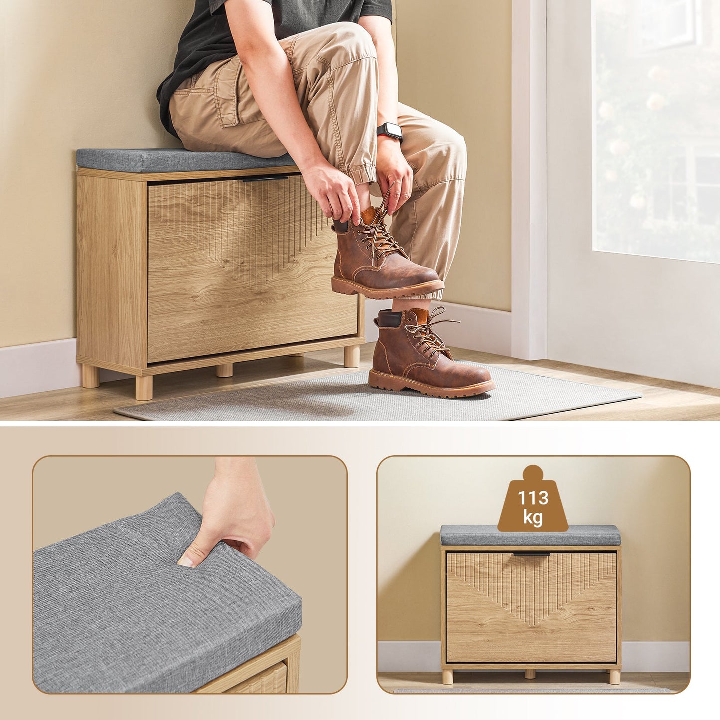 SoBuy FSR199-N Banc à chaussures avec rangement et coussin rembourré, gris et bois clair, 60 x 24 x 50 cm